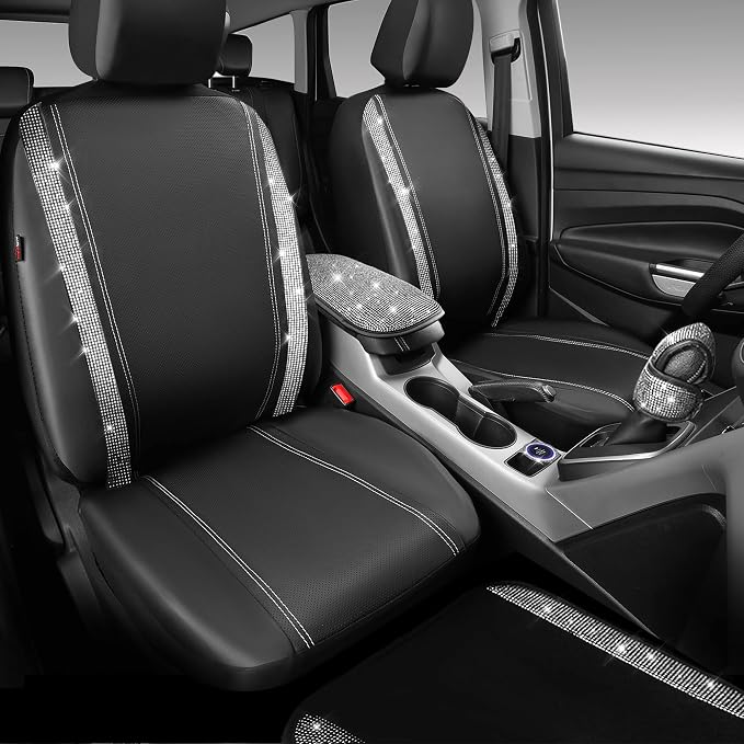 CAR PASS 23 PCS Bling Diamond Car Accessories Set for Women, Leather Seat Covers Full Set Sparkly Rhinestone15'' Steering Wheel Covers Shining Car Floor Mats Cute Aotumotive Interior Sets, Silver
