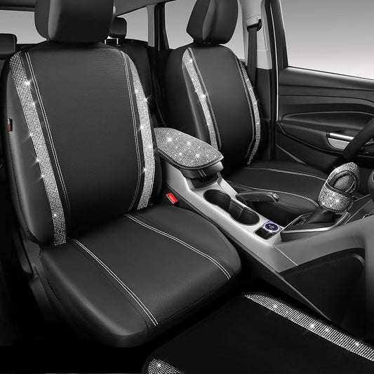 CAR PASS 23 PCS Bling Diamond Car Accessories Set for Women, Leather Seat Covers Full Set Sparkly Rhinestone15'' Steering Wheel Covers Shining Car Floor Mats Cute Aotumotive Interior Sets, Silver