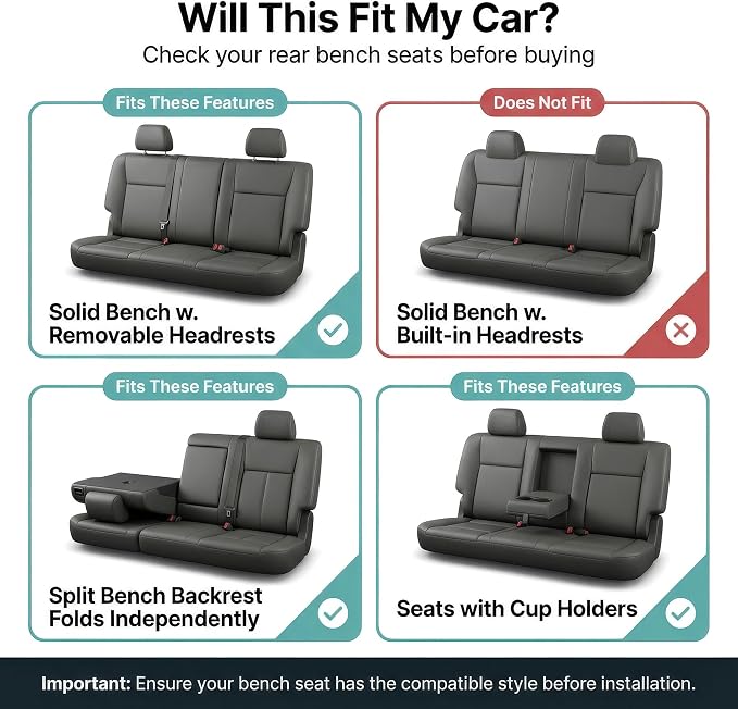 FH Group Universal Car Seat Covers Rear Set for SUV Truck Sedan Vans | 3D Textured Breathable Fabric Seat Cover Set with Airbag Compatible Split Bench Protector Interior Upgrade - Black