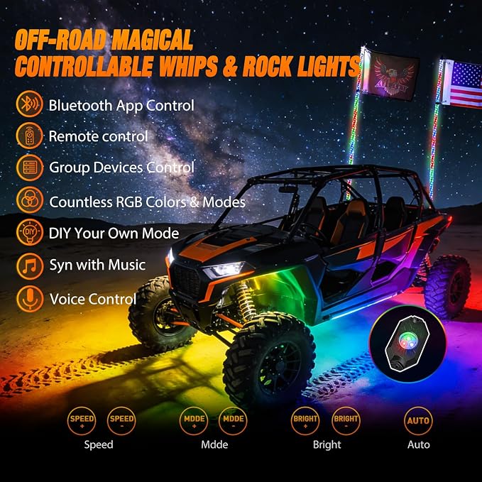 Nilight 2PCS 4FT RGB LED Whip Light with Spring Base and 4 PCS Rock Lights Combo, Remote App Control w/DIY Chasing Patterns Turn Signal Brake Reverse Antenna Lighted Whips for ATV UTV Polaris RZR Jeep