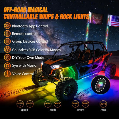 Nilight 2PCS 4FT RGB LED Whip Light with Spring Base and 6 PCS Rock Lights Combo, Remote App Control w/DIY Chasing Patterns Turn Signal Brake Reverse Antenna Lighted Whips for ATV UTV Polaris RZR Jeep