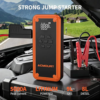 W160 Jump Starter with Air Compressor, 5000A Portable Car Jump Starter 150PSI Tire Inflator/Air Pump, 12V Battery(Up to 9L Gas/8L Diesel Engine) Jump Pack Car Emergency Kit Idea Gift for Man (Orange)