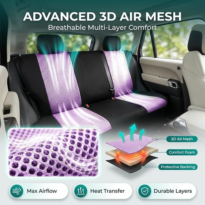FH Group Automotive Rear Car Seat Covers for SUV, Trucks, Sedan and More - Universal Fit Rear Solid Bench Design Interior Accessories - 3D Mesh Fabric Center Panel - Purple