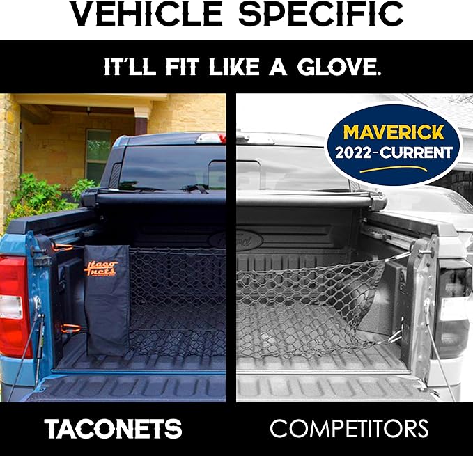 TacoNets Envelope Cargo Net for Ford Maverick - Fits 2022-Current - Upgraded 5mm Bungee - Integrated Storage Bag - Heavy Duty Carabiners - Designed in USA