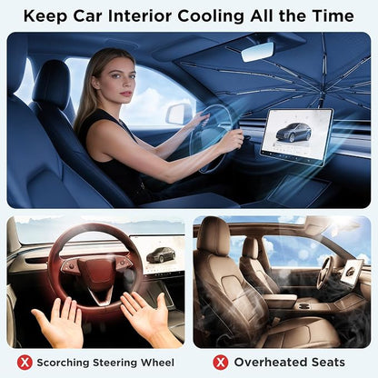 2026 Upgraded Windshield Sun Shade Umbrella [7-Layer Vinyl Coating Heat Shield] Foldable Front Window Sunshade Umbrella Flexible Handle Protect Interior from UV Keep Car Cooler (61" x 34.5")