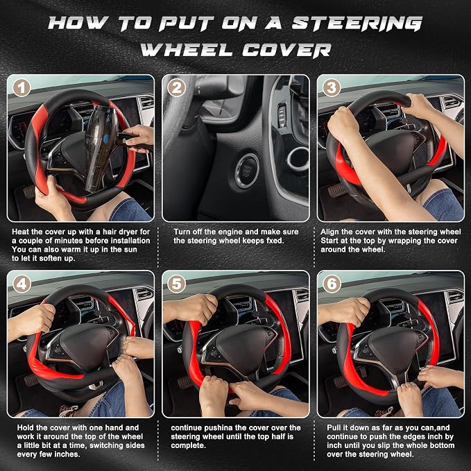 SEG Direct D Shaped Steering Wheel Cover, Flat Bottom Car Wheel Cover 14 1/2-15 in. (37-39 cm), Black and Red Microfiber Leather