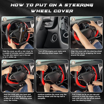 SEG Direct D Shaped Steering Wheel Cover, Flat Bottom Car Wheel Cover 14 1/2-15 in. (37-39 cm), Black and Red Microfiber Leather