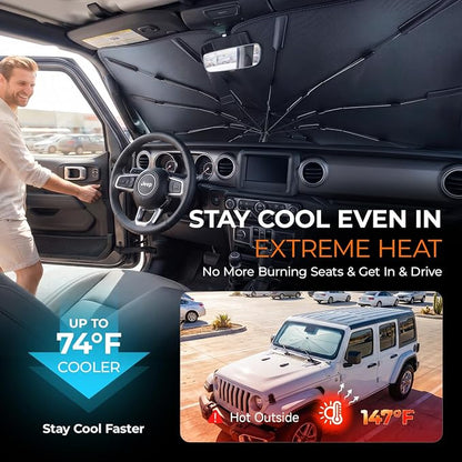 [2026 Upgraded] DooGooCoo Windshield Sun Shade Umbrella for Jeep Wrangler & Gladiator 2011-2026 [100% Sunlight Blocked, Cooling Ice Crystal] Sunshade for Car Windshield for Wrangler Sunshade.