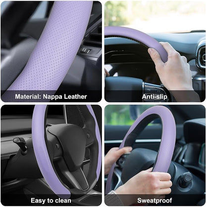 Frani Nappa Leather Steering Wheel Cover,Universal Fit 15 Inch-Premium Non-Slip Breathable Comfort Grip for Cars Trucks SUVs,Anti-Slip Durable Interior Upgrade Light Purple