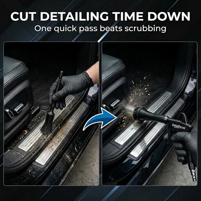 Air Blow Gun for Car Detailing - Durable Tornado Air Gun with Brush Nozzle, Storage Bag, 3 Compressor Adaptors & Microfiber Towel - Requires Compressor, Easy to Set Up