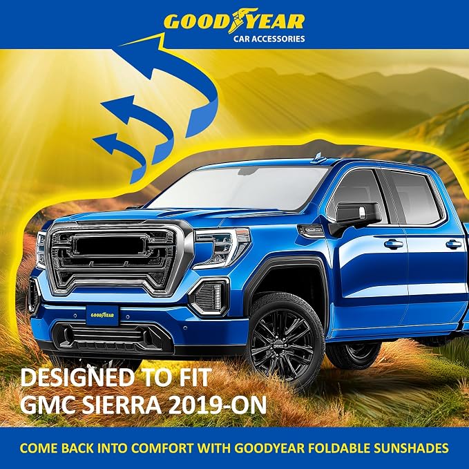 Goodyear Foldable Windshield Sunshade for GMC Sierra 2019-2026, Truck car Accessories, Sunshade Cover, Sun Shade Car Windshield, Window Sun Blocker - GY008227