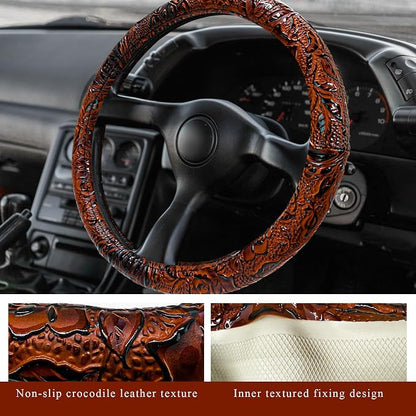Leather Car Steering Wheel Cover, 15" Crocodile Pattern Anti Slip Car Wheel Wrap with Rose Grain, Four Seasons Universal Auto Steering Wheel Protector for Cars Trucks SUVs (Brown)