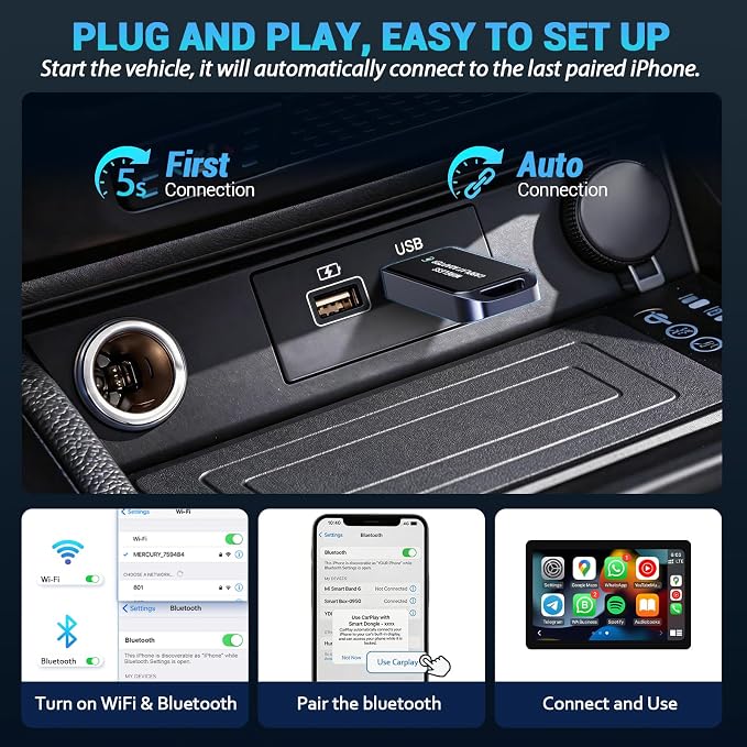 Wireless CarPlay Adapter for iPhone, 2026 Upgraded Mini Design & Plug and Play & 5s Auto Stable Connection Converts Wired Connections to Wireless Compatible for iPhone 6+ (iOS 10+) & 2016+ Car