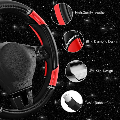 Road Comforts Leather Steering Wheel Cover - Made with PVC Leather - Anti-Slip, Universal Fit 14 1/2 inches to 15 inches - Red