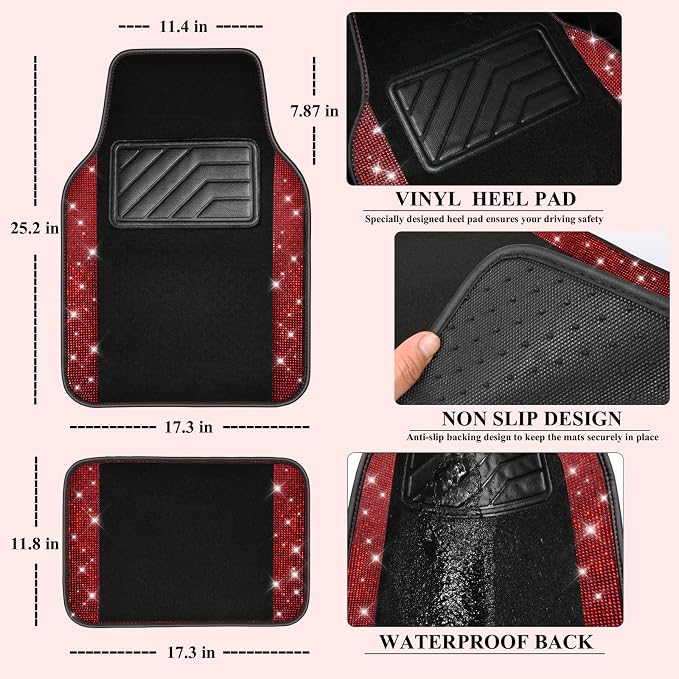 CAR PASS 11 PCS Bling Diamond Car Mats Set for Women Girls, Sparkly Rhinestone Steering Wheel Cover, Waterproof Floor Mats Universal Fit for SUV,Vans,Sedans,Trucks Anti-Slip, Interior Sets Black Red