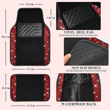 CAR PASS 11 PCS Bling Diamond Car Mats Set for Women Girls, Sparkly Rhinestone Steering Wheel Cover, Waterproof Floor Mats Universal Fit for SUV,Vans,Sedans,Trucks Anti-Slip, Interior Sets Black Red
