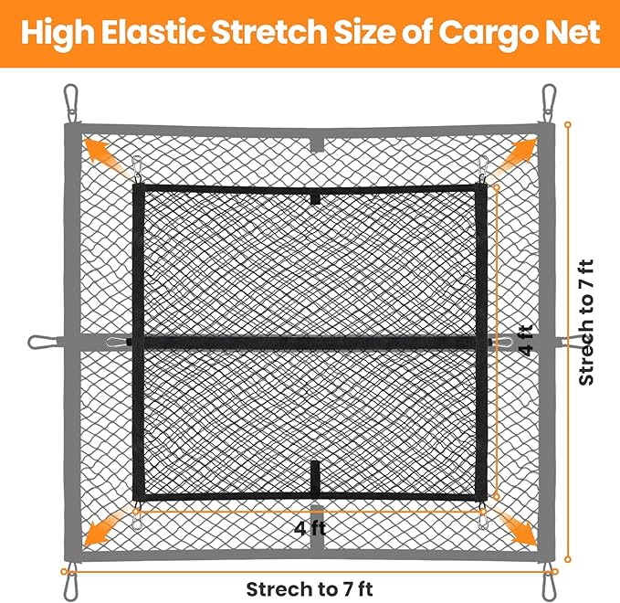 Truck Bed Net – Highly Elastic Cargo Net for Pickup Truck Beds, Stretchable Mesh Organizer Expands from 4'x4' to 7'x7', Suitable for Daily Light Loads on Truck, ATV, SUV, UTV & Boats (Single Layer)