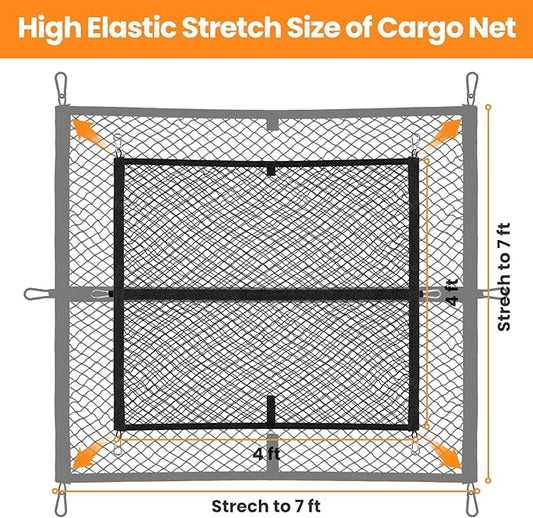 Truck Bed Net – Highly Elastic Cargo Net for Pickup Truck Beds, Stretchable Mesh Organizer Expands from 4'x4' to 7'x7', Suitable for Daily Light Loads on Truck, ATV, SUV, UTV & Boats (Single Layer)