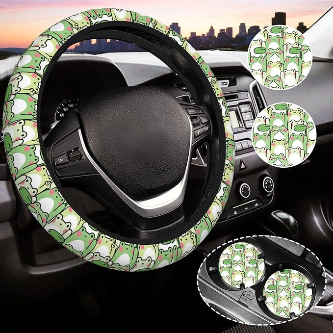 Green Frog Steering Wheel Cover for Women,Universal Auto Steering Wheel 14-15 Inch Car Interior Accessories with 2PCS Car Coasters,Suitable for Men and Women