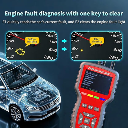 OBD2 Enhanced Scanner and Battery Tester 2-in-1, Car Code Reader and Engine Fault Diagnostic Tool for 1996+ OBDII Protocol Cars，red