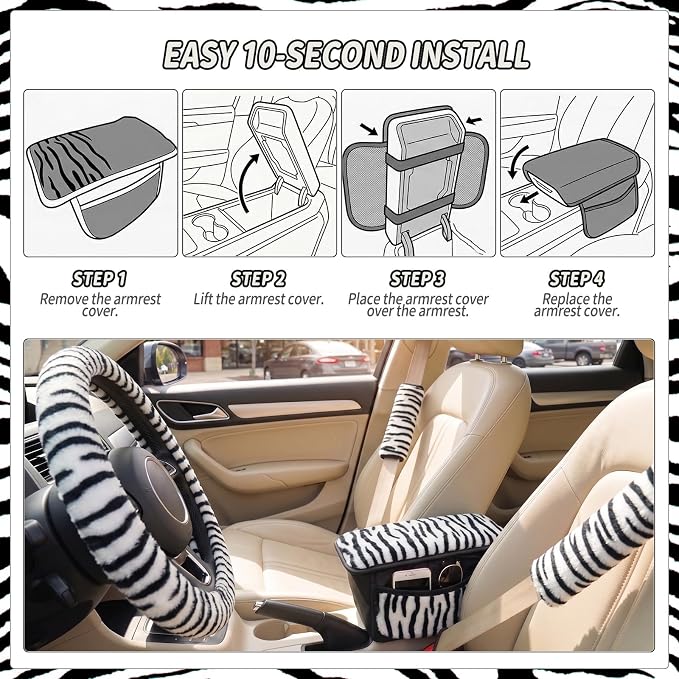 5 Pcs Fuzzy Animal Print Car Accessories Set, Soft Fluffy Plush Steering Wheel Cover, Center Console Armrest Pad & Rearview Mirror Cover - Interior Decorations for Women,Universal Fit (Zebra Print)
