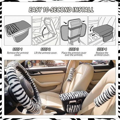 5 Pcs Fuzzy Animal Print Car Accessories Set, Soft Fluffy Plush Steering Wheel Cover, Center Console Armrest Pad & Rearview Mirror Cover - Interior Decorations for Women,Universal Fit (Zebra Print)