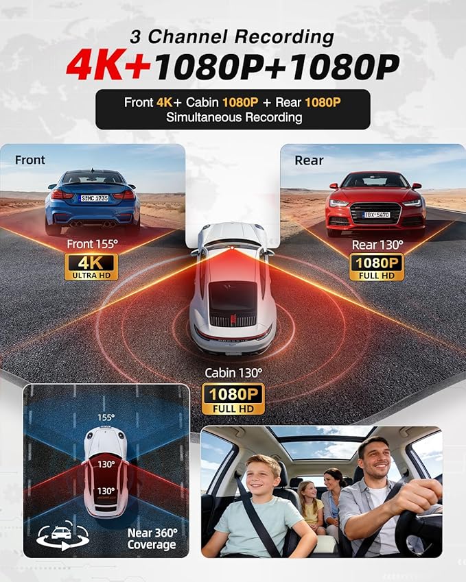 3 Channel Dash Cam Front and Rear, 4K Dash Camera for Cars STARVIS 2 HDR Night Vision, 24H Parking Mode, 64GB Card Included, Dashcam Built-in 5.8GHz WiFi GPS