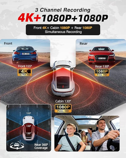 3 Channel Dash Cam Front and Rear, 4K Dash Camera for Cars STARVIS 2 HDR Night Vision, 24H Parking Mode, 64GB Card Included, Dashcam Built-in 5.8GHz WiFi GPS