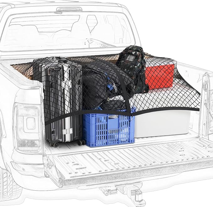Heavy Duty Cargo Net for Pickup Truck Bed - 4' x 4' Stretches to 8' x 8' - Sturdy Latex Bungee Net Mesh - Truck Bed Accessories for Dodge RAM, Ford, Chevy, Toyota