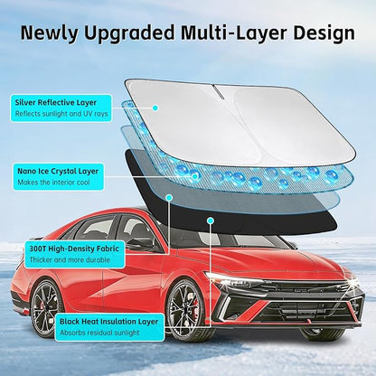 Windshield Sun Shade for Hyundai Elantra 2011-2026 Sunshade 300T Windshield Cover Blocks UV Rays Custom Fit Front Window Shades Windshield Accessories Keep Cool Foldable