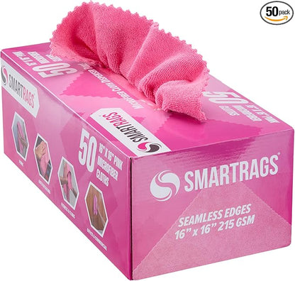 Arkwright Smart Rags Microfiber Cleaning Cloths, Pack of 50 in a Box, Lint Free 215 GSM Reusable Towels for Auto, Office and Household Cleaning, 16 x 16 in, Pink