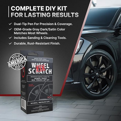 Wheel Scratch Fix® Dark Gray Touch Up Paint for Cars - DIY Alloy Wheel Repair Kit, Curb Rash Remover with Fast-Drying Pen - Long-Lasting OEM Finish Car Rim Paint for Scuffs and Chips at Home (Satin Dark Gray)