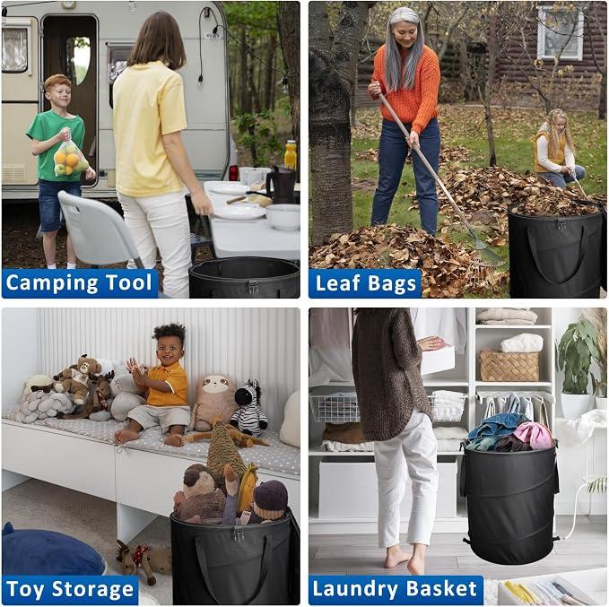 24 Gallons Collapsible Trash Can with Gloves, Camping Trash Can with Lid, Pop Up Garbage Can for Outdoor, Large Capacity Leaf Bags for Yard, Lawn, Reusable Garden Garbage Bag - Black