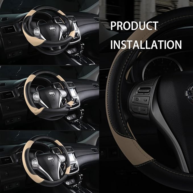 Leather Car Steering Wheel Cover, Non-Slip Car Wheel Cover Protector Breathable Microfiber Leather 15.5"-16" Large Size for Most Cars,Beige-2
