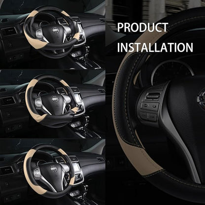 Leather Car Steering Wheel Cover, Non-Slip Car Wheel Cover Protector Breathable Microfiber Leather 15.5"-16" Large Size for Most Cars,Beige-2