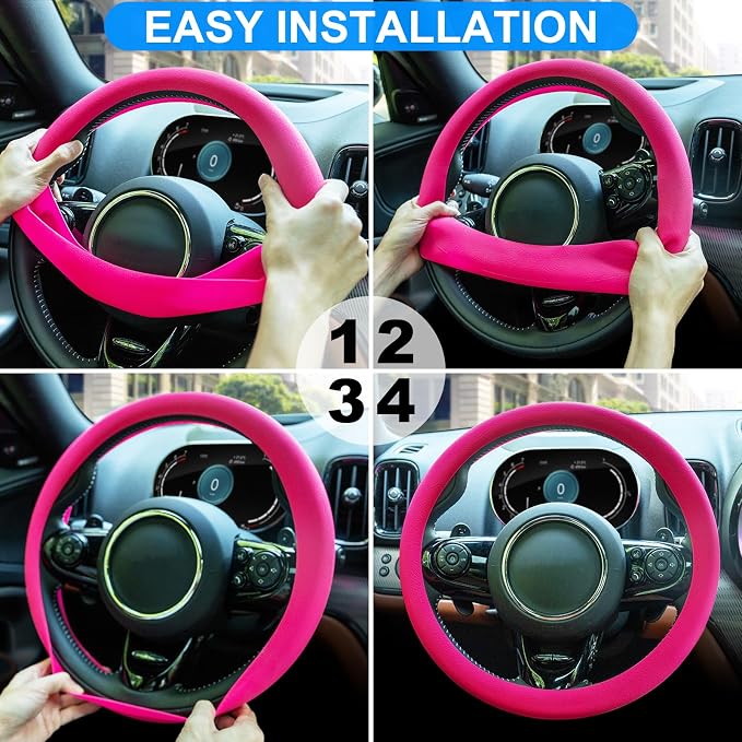 Spurtar Hot Pink Car Steering Wheel Cover Women, Hot Pink Car Accessories Cute Soft Silicone Leather Texture Steering Wheel Protector, Fit Diamenter 15" - 16.5"