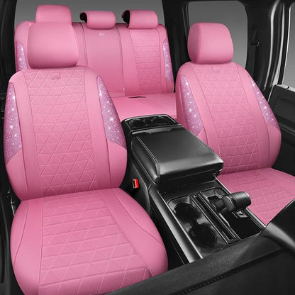 CAR PASS Pink Oxford Bling Diamond Car Seat Covers Full Set Interior Sets, Waterproof Shining Glitter Sparkly Crystal Universal Armrest Fit 95% Automotive Truck SUV Cute Women Girl, Pink Rhinestone