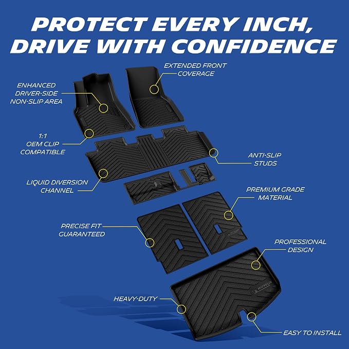 Michelin Vehicle Mat, All-Weather TPE Custom Fit Liner for Tesla Model Y 7 Seat Floor Mats 2020-2025 (7 Piece), Not Fit Premium or Performance, Premier