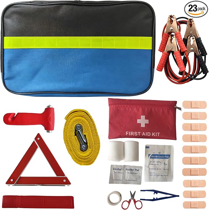 Car Roadside Emergency Kit, 6-in-1 Safety Set | Jumper Cables, Tow Rope, Warning Triangle, Safety Hammer, First Aid Kit, Storage Bag