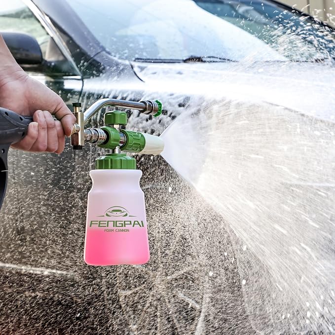 FENG PAI Pressure Washer Foam Cannon with Dual-Connector Accessory & 7 Power Washer Sprayer Nozzles, Double Tip Attachment For Soap Cannon, 1/4" Quick Connect, 3600 PSI, White Bottle