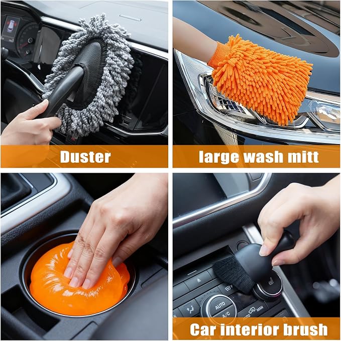 Car Wash Detailing Kit Cleaning Kits with Foam Gun Sprayer, Car Wash Brush and Large Wash Mitt Duster for Car Interior and Exterior Cleaning (Orange)
