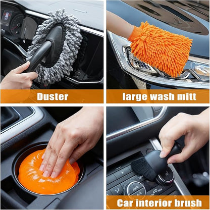 Car Wash Detailing Kit Cleaning Kits with Foam Gun Sprayer, Car Wash Brush and Large Wash Mitt Duster for Car Interior and Exterior Cleaning (Orange)