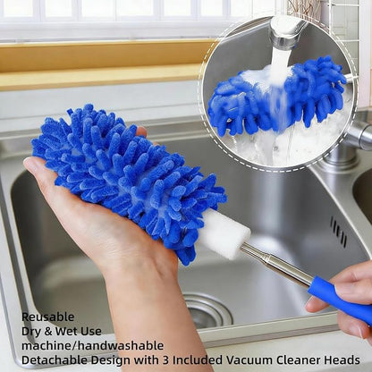 Microfiber Duster for Cleaning, GMLKRY Hand Washable Dusters with 3pcs Replaceable Microfiber Head, Extendable Pole, Detachable Cleaning Supplies for Office, Car, Window, Furniture (Blue)