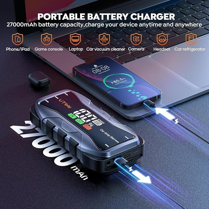 UTRAI 8000A Portable Car Jump Starter, 12V Battery Jumper for All Gas & 12L Diesel Engines, 27000mAh Jump Box with 65W USB-C Fast Charging, 2 USB & DC Output Jump Pack, 600LM LED Flashlight
