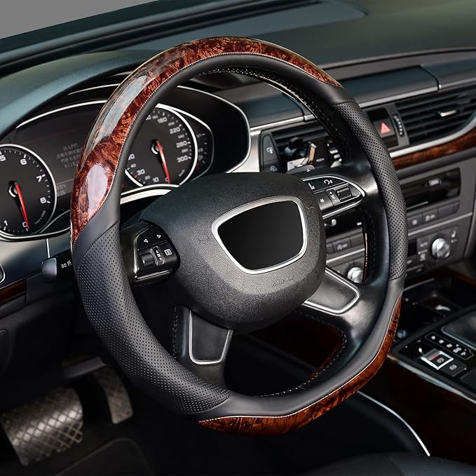 KAFEEK D Shaped Steering Wheel Cover, Luxury Wood Grain with Sporty Perforated Leather, Flat Bottom Steering Wheel Protector, Universal 14.5-15 Inch, Anti-Slip Comfort Grip, Black