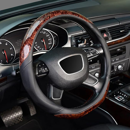KAFEEK D Shaped Steering Wheel Cover, Luxury Wood Grain with Sporty Perforated Leather, Flat Bottom Steering Wheel Protector, Universal 14.5-15 Inch, Anti-Slip Comfort Grip, Black
