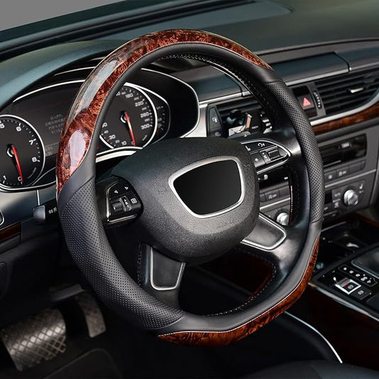 KAFEEK D Shaped Steering Wheel Cover, Luxury Wood Grain with Sporty Perforated Leather, Flat Bottom Steering Wheel Protector, Universal 14.5-15 Inch, Anti-Slip Comfort Grip, Black