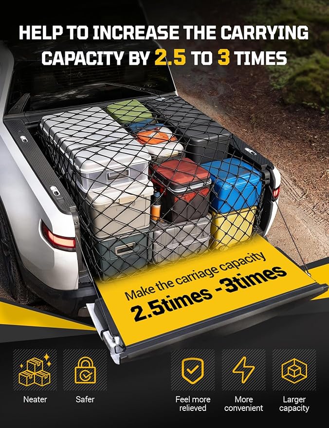 AUTOWN Cargo Net for Pickup Truck Bed - Stretchable 4' x 6' to 8' x 12' with 4" x 4" Mesh, Heavy Duty 10mm Cord Bungee Bed Netting with 12 Metal Carabiners - Ideal for ATV, SUV, UTV and Truck