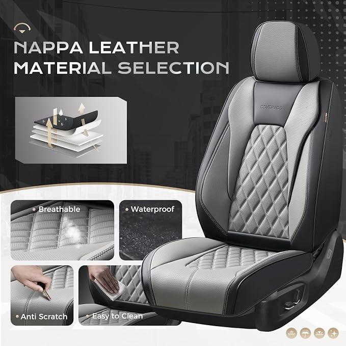 Coverado Car Seat Covers for Cars, Waterproof Automotive Seat Protectors, Leather Car Seat Covers Full Set, 5 Seats Driver Protectors Universal Fit for Cars SUVs, Trucks, Car Accessories - Black&Gray