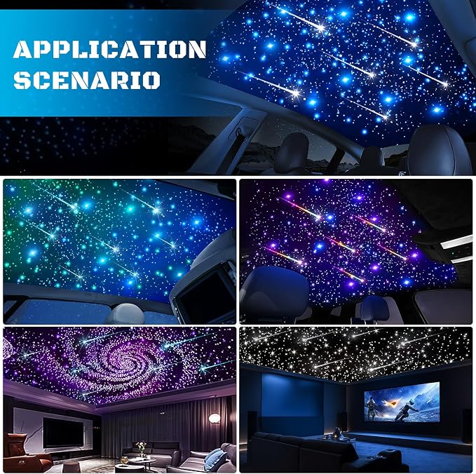 Car Starlight Headliner Kit, 4 Colors 32W Twinkle & Meteor Star Ceiling Lights, 2 in 1 Fiber Optic Light 4 Port Engine 1200pcs*0.03in*13.1ft+240 RGBW Shooting Stars Lights for Car Home Roof Décor